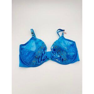 VICTORIA SECRET Lace Up Underwire Bra Womens 38DD Blue Sheer Lingerie